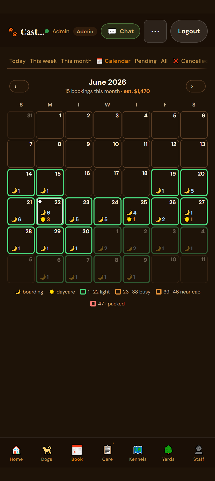 Month calendar with per-day capacity and revenue