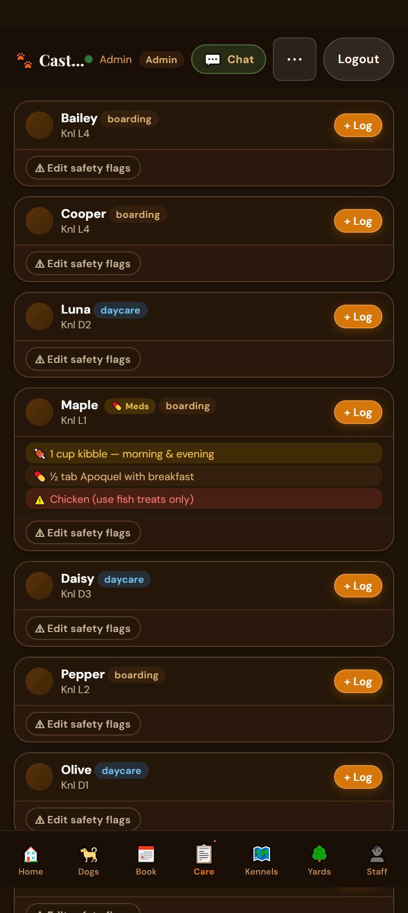 Care board showing meds and allergies per dog